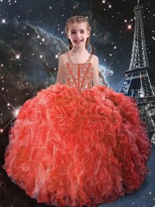 Hot Selling Coral Red Ball Gowns Organza Straps Sleeveless Beading and Ruffles Floor Length Lace Up Kids Formal Wear