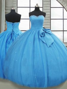 Stunning Sweetheart Sleeveless Sweet 16 Dresses Floor Length Bowknot Baby Blue Tulle