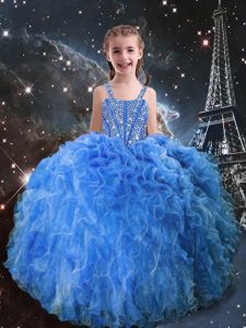 Glorious Organza Straps Sleeveless Lace Up Beading and Ruffles Little Girl Pageant Dress in Baby Blue