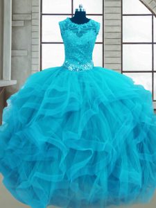 Sleeveless Tulle Floor Length Lace Up Quinceanera Dresses in Baby Blue with Beading and Ruffles