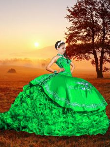 Inexpensive Sweetheart Sleeveless Brush Train Lace Up 15 Quinceanera Dress Green Organza