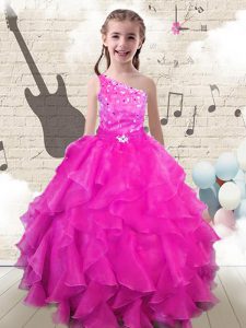 Graceful Ball Gowns Little Girls Pageant Dress Hot Pink One Shoulder Organza Sleeveless Floor Length Lace Up