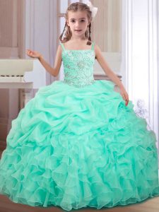 Pick Ups Straps Sleeveless Lace Up Pageant Gowns For Girls Apple Green Organza