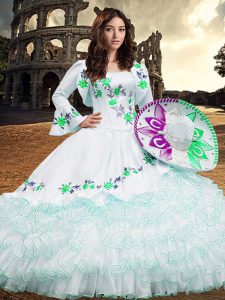 White Organza Lace Up Quinceanera Dresses Long Sleeves Floor Length Embroidery and Ruffled Layers
