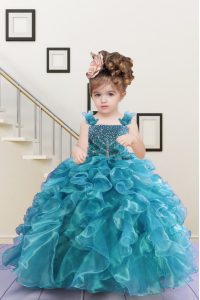 Custom Design Sleeveless Lace Up Floor Length Beading and Ruffles Little Girl Pageant Gowns