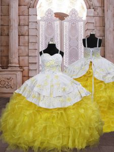 Customized Embroidery and Ruffles Girls Pageant Dresses Gold Lace Up Sleeveless Brush Train