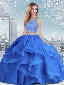 Beading and Ruffles Quinceanera Dresses Royal Blue Clasp Handle Long Sleeves Floor Length