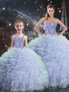 Enchanting Lavender Sleeveless Floor Length Beading and Ruffles Lace Up Quince Ball Gowns