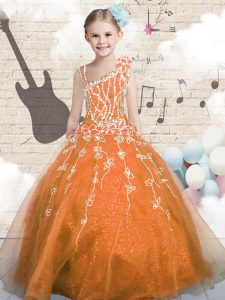 Charming Orange Asymmetric Neckline Appliques Little Girls Pageant Gowns Sleeveless Lace Up