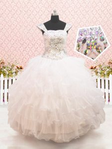 Straps Cap Sleeves Floor Length Lace Up Little Girl Pageant Dress White for Quinceanera and Wedding Party with Beading and Ruffled Layers
