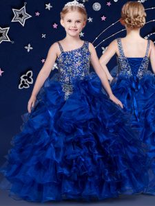 Royal Blue Organza Lace Up Asymmetric Sleeveless Floor Length Child Pageant Dress Beading and Ruffled Layers