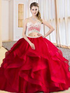 Ideal Tulle One Shoulder Sleeveless Criss Cross Beading and Ruffles Vestidos de Quinceanera in Red