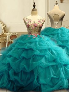 Great Organza Sleeveless Floor Length Sweet 16 Dress and Appliques and Ruffles and Sequins
