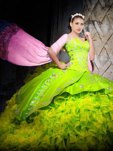 Stylish Yellow Green Ball Gowns Organza Sweetheart Sleeveless Embroidery and Ruffles Lace Up Vestidos de Quinceanera Brush Train