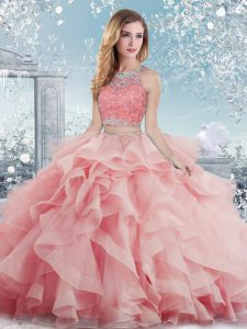 Luxury Baby Pink Ball Gowns Satin Scoop Sleeveless Beading and Ruffles Floor Length Clasp Handle 15 Quinceanera Dress