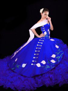 Affordable Sweetheart Sleeveless Sweet 16 Quinceanera Dress Brush Train Embroidery Royal Blue Organza