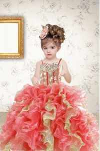 Amazing Multi-color Spaghetti Straps Lace Up Beading and Ruffles and Sequins Pageant Gowns For Girls Sleeveless