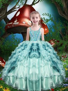 New Arrival Sleeveless Organza Floor Length Lace Up Little Girl Pageant Gowns in Aqua Blue with Beading and Ruffles and Ruffled Layers