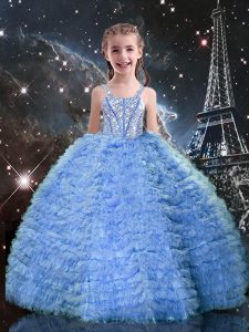 Perfect Baby Blue Ball Gowns Straps Sleeveless Tulle Floor Length Lace Up Beading and Ruffled Layers Kids Formal Wear