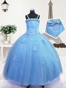 Best Floor Length Baby Blue Little Girls Pageant Dress Wholesale Tulle Sleeveless Beading and Appliques