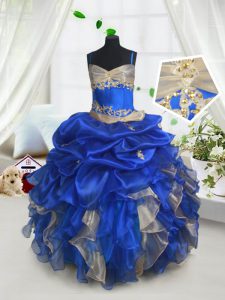 Pick Ups Floor Length Blue and Champagne Child Pageant Dress Spaghetti Straps Sleeveless Lace Up