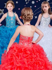 White and Coral Red and Blue Halter Top Lace Up Beading and Ruffles Kids Pageant Dress Sleeveless