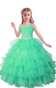 Beading and Ruffled Layers Little Girls Pageant Gowns Turquoise Zipper Sleeveless Floor Length