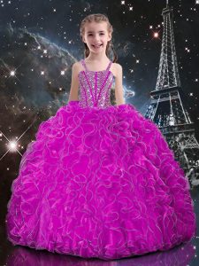 Exquisite Fuchsia Sleeveless Beading and Ruffles Floor Length Little Girls Pageant Gowns