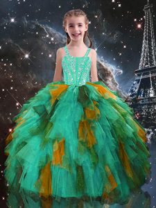 Turquoise Tulle Lace Up Straps Sleeveless Floor Length Child Pageant Dress Beading and Ruffles