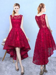 On Sale Lace Scoop Sleeveless Zipper Lace Dama Dress for Quinceanera in Burgundy