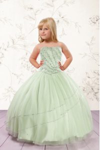 Custom Design Apple Green Sleeveless Beading Floor Length Little Girls Pageant Dress