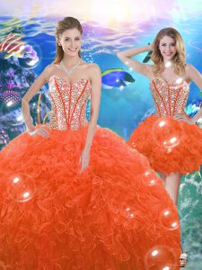 Discount Organza Sweetheart Sleeveless Lace Up Beading and Ruffles Quinceanera Gowns in Orange Red