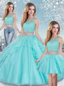Aqua Blue Tulle Clasp Handle Scoop Sleeveless Floor Length 15th Birthday Dress Beading and Lace and Sequins