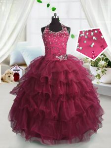 Stunning Scoop Organza Sleeveless Floor Length Kids Pageant Dress and Beading and Ruffled Layers