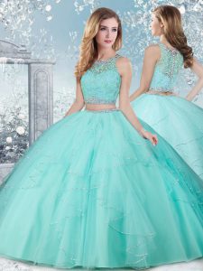 Fitting Sleeveless Tulle Floor Length Clasp Handle Quinceanera Gown in Aqua Blue with Beading