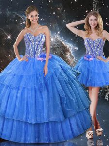 Baby Blue Sleeveless Floor Length Ruffled Layers and Sequins Lace Up Quinceanera Gowns
