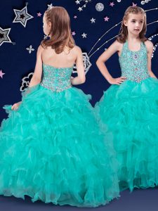 Pretty Turquoise Ball Gowns Halter Top Sleeveless Organza Floor Length Zipper Beading and Ruffles Child Pageant Dress