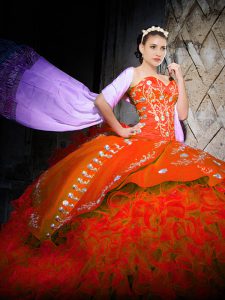 Wonderful Orange Red Sleeveless Organza Brush Train Lace Up Sweet 16 Quinceanera Dress for Military Ball and Sweet 16 and Quinceanera