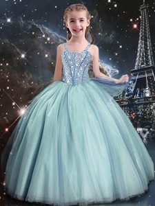 Fancy Teal Little Girls Pageant Dress Quinceanera and Wedding Party with Beading Straps Sleeveless Lace Up