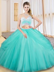 Stunning Aqua Blue Quince Ball Gowns Military Ball and Sweet 16 and Quinceanera with Beading and Ruching and Pick Ups One Shoulder Sleeveless Criss Cross