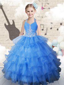 Ruffled Floor Length Light Blue Little Girls Pageant Dress Wholesale Halter Top Sleeveless Lace Up