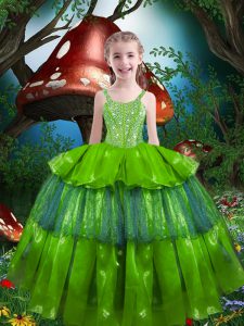 Attractive Floor Length Girls Pageant Dresses Organza Sleeveless Beading and Ruffled Layers