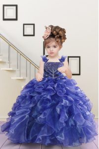 Trendy Navy Blue Organza Lace Up Kids Formal Wear Sleeveless Floor Length Beading and Ruffles