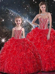 Deluxe Floor Length Lace Up Quinceanera Gown Wine Red for Military Ball and Sweet 16 and Quinceanera with Beading and Ruffles