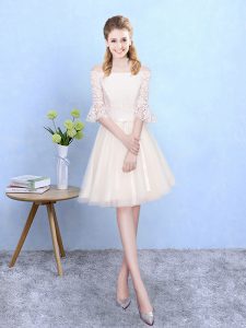 Champagne Half Sleeves Tulle Lace Up Dama Dress for Wedding Party