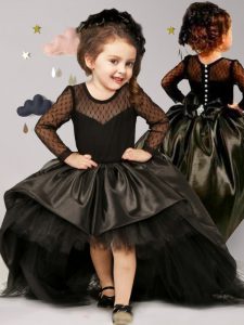 Black Scoop Neckline Bowknot Girls Pageant Dresses Long Sleeves Clasp Handle