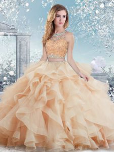 Organza Scoop Sleeveless Clasp Handle Beading and Ruffles Ball Gown Prom Dress in Peach