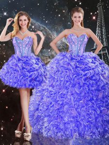 Luxury Beading and Ruffles Quince Ball Gowns Purple Lace Up Sleeveless Floor Length