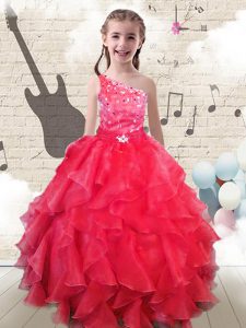 Ball Gowns Girls Pageant Dresses Red One Shoulder Organza Sleeveless Floor Length Lace Up