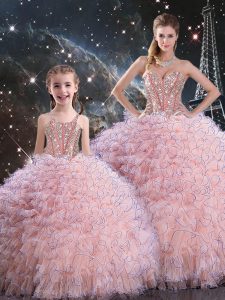 Baby Pink Sleeveless Floor Length Beading and Ruffles Lace Up Quinceanera Gowns